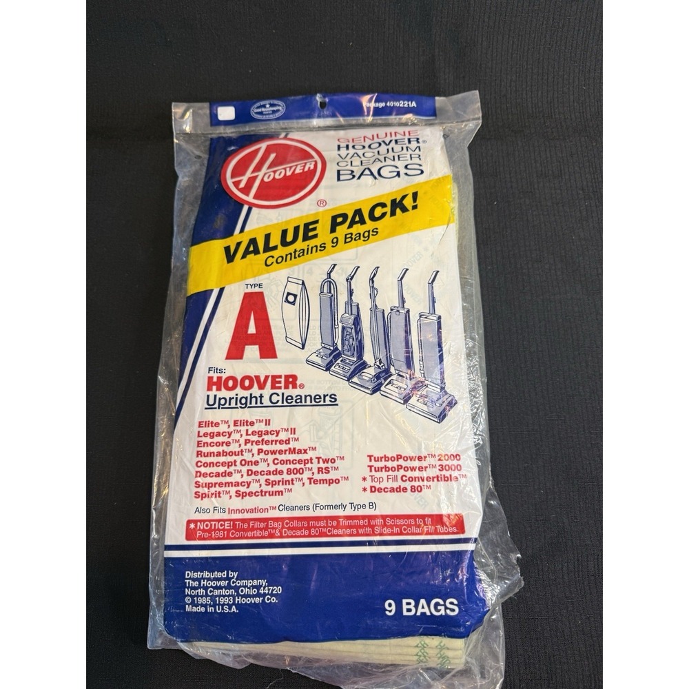 Hoover Type A Vacuum Cleaner Bags 9 Pack for Upright Cleaners 4010001A